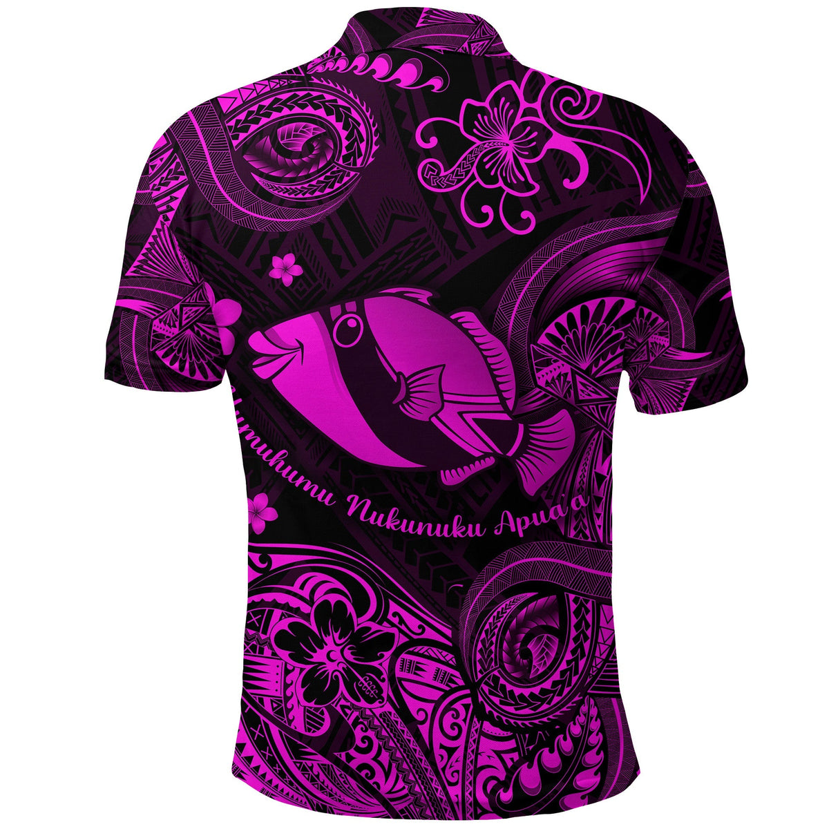 Pink-and-dark polo with humuhumu fish graphic, tribal swirls, and hibiscus flowers