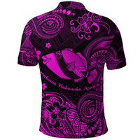 Pink-and-dark polo with humuhumu fish graphic, tribal swirls, and hibiscus flowers