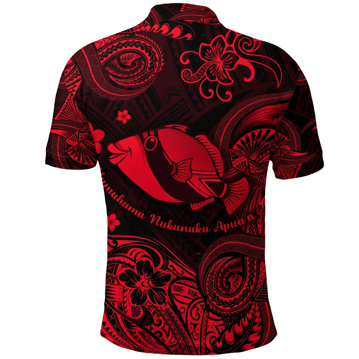 Red and black Polynesian polo shirt, rear view, humuhumu fish design with swirling motifs