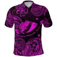 Pink-and-dark Polynesian polo with humuhumu fish, swirls, and tropical flower motifs