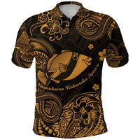 Gold and black Polynesian polo shirt with humuhumu fish, floral and tribal print