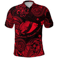 Red and black Polynesian polo shirt with humuhumu fish graphic and floral patterns