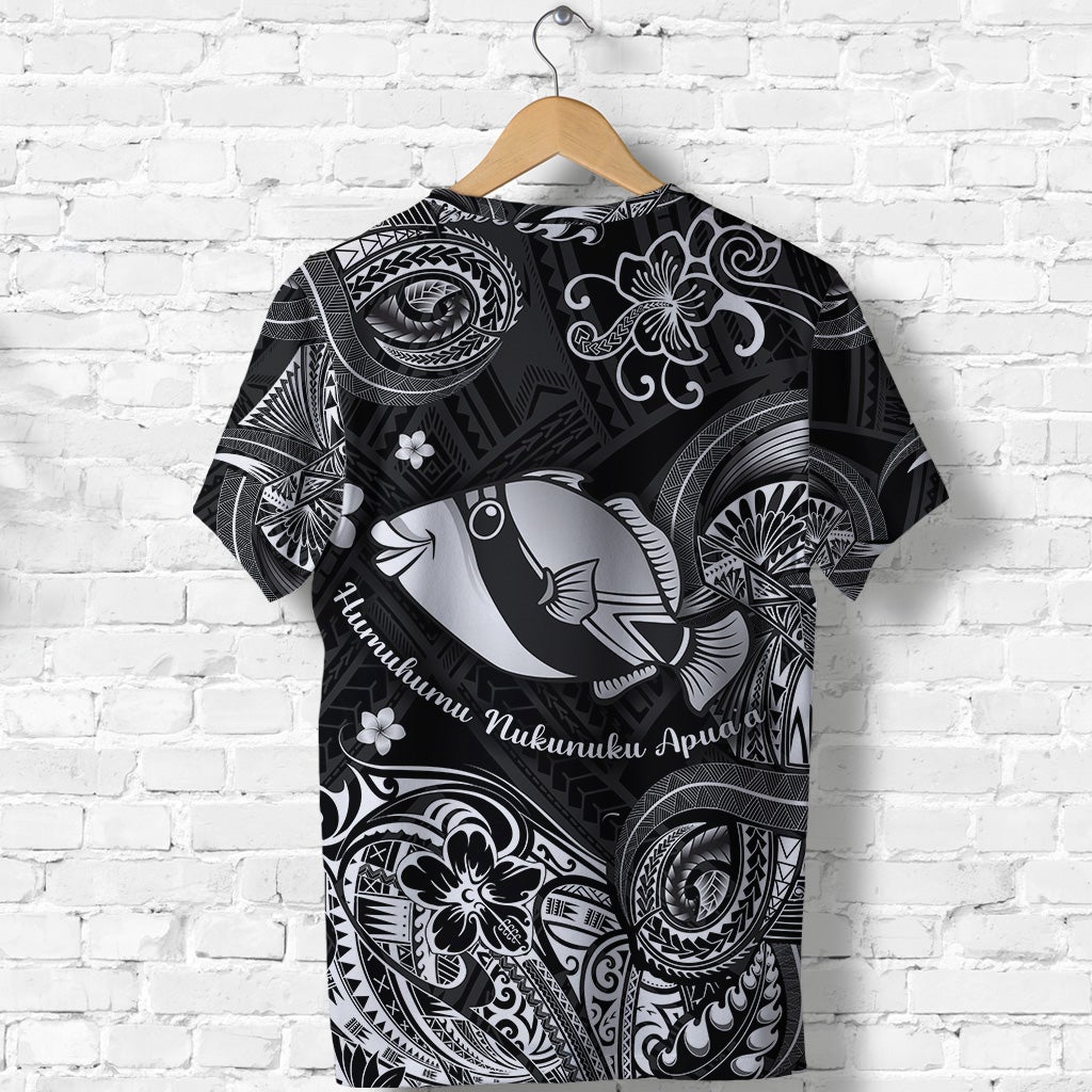 Black crewneck T-shirt with large fish illustration, floral and swirl tribal print