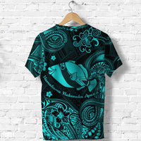 Turquoise graphic T-shirt with humuhumu fish and Polynesian tribal motifs, back view