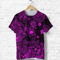 Dark t-shirt with Polynesian surf print, palm trees and floral swirls, front text