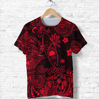 Red-and-black surfing T-shirt with palm trees, floral tribal print and “Surfing” text