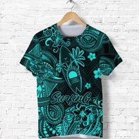 Turquoise graphic T-shirt with 'Surfin' script, surfboard, palms, and tribal patterns