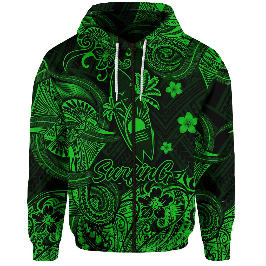 Hawaii Surfing Polynesian Zip Hoodie Unique Style Green LT8 - Wonder Print Shop