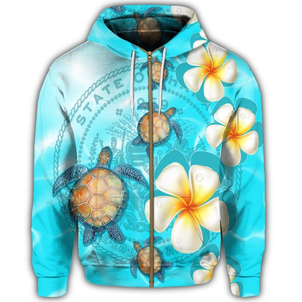 Hawaii Turtle Plumeria Coat Of Arm Ocean Zip Hoodie - Wonder Print Shop
