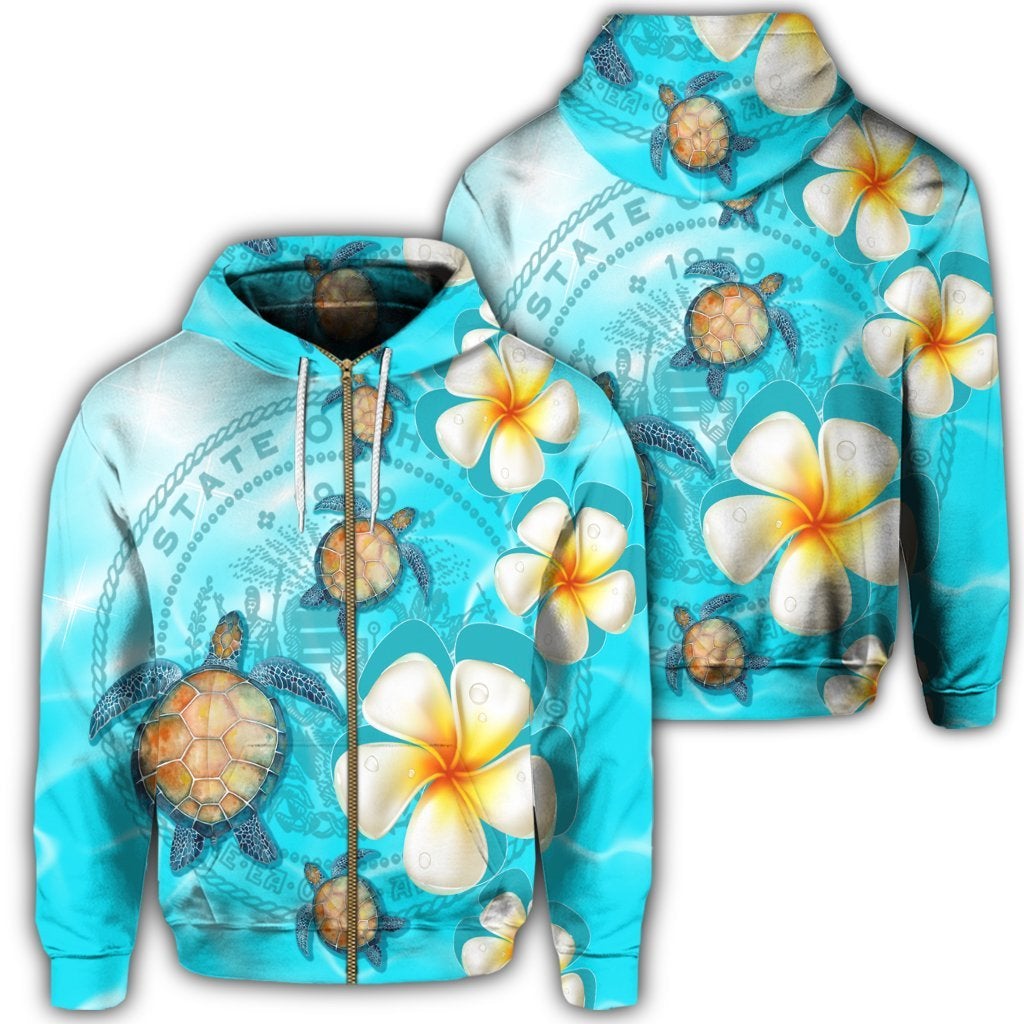 Hawaii Turtle Plumeria Coat Of Arm Ocean Zip Hoodie - Wonder Print Shop