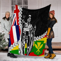 Black Polynesian blanket held up, kanaka maoli king portrait with blue-white and green flags