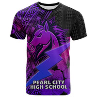 Purple/black Hawaiian T-shirt with horse graphic, lightning stripe, 'PEARL CITY HIGH SCHOOL'