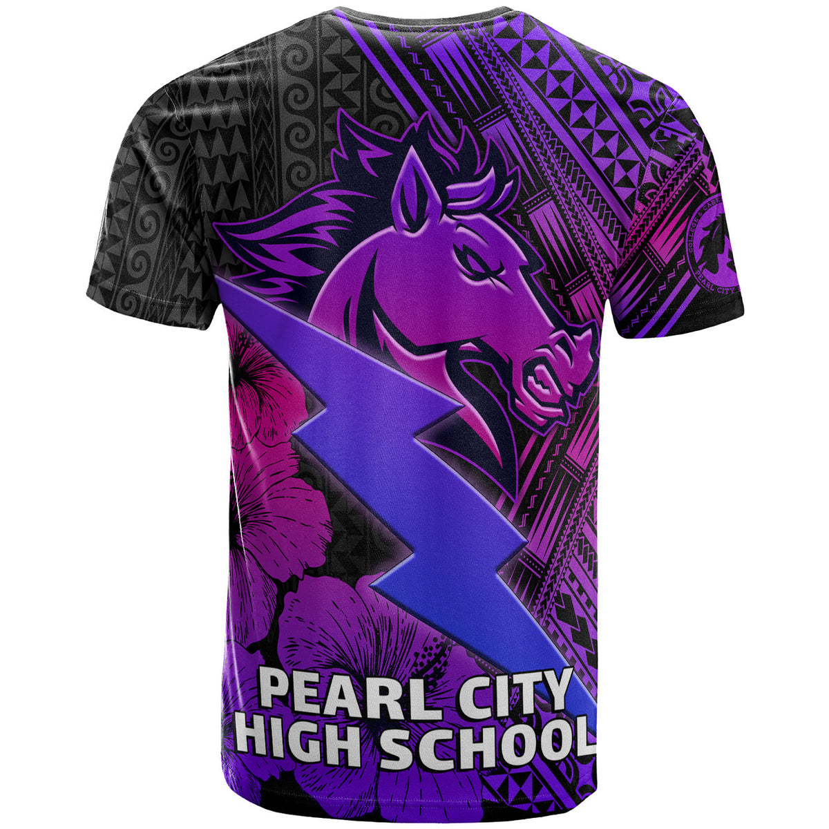 Purple/black back Hawaiian T-shirt with horse head, tribal patterns, 'PEARL CITY HIGH SCHOOL'