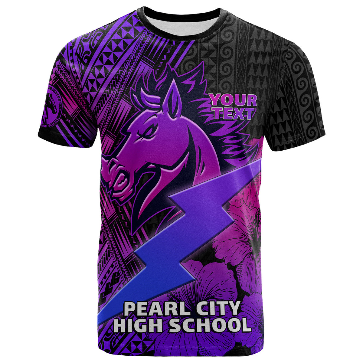 Purple/black Hawaiian T-shirt with horse, lightning stripe, 'YOUR TEXT', 'PEARL CITY HIGH SCHOOL'