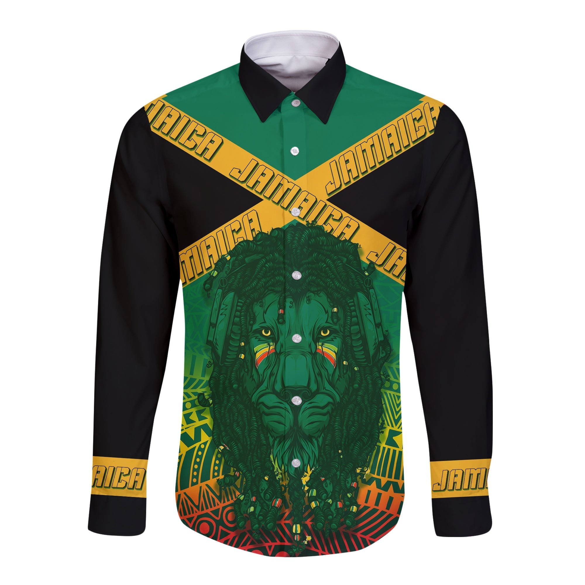 Jamaica Personalised Long Sleeves Button Shirt Rastafari Lion Mix Kente - Wonder Print Shop