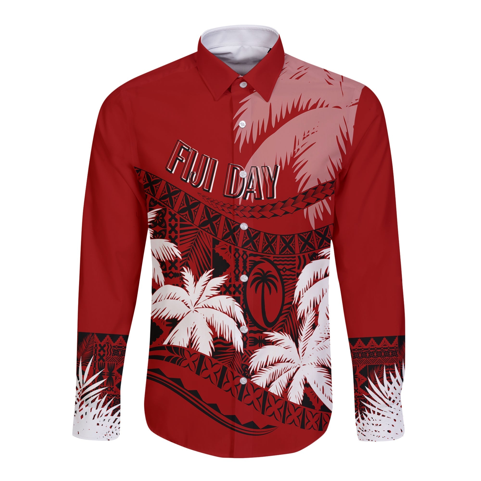 Personalised Fiji Day Long Sleeves Button Shirt Flying Fijians Masi Kesa Style - Red - Wonder Print Shop