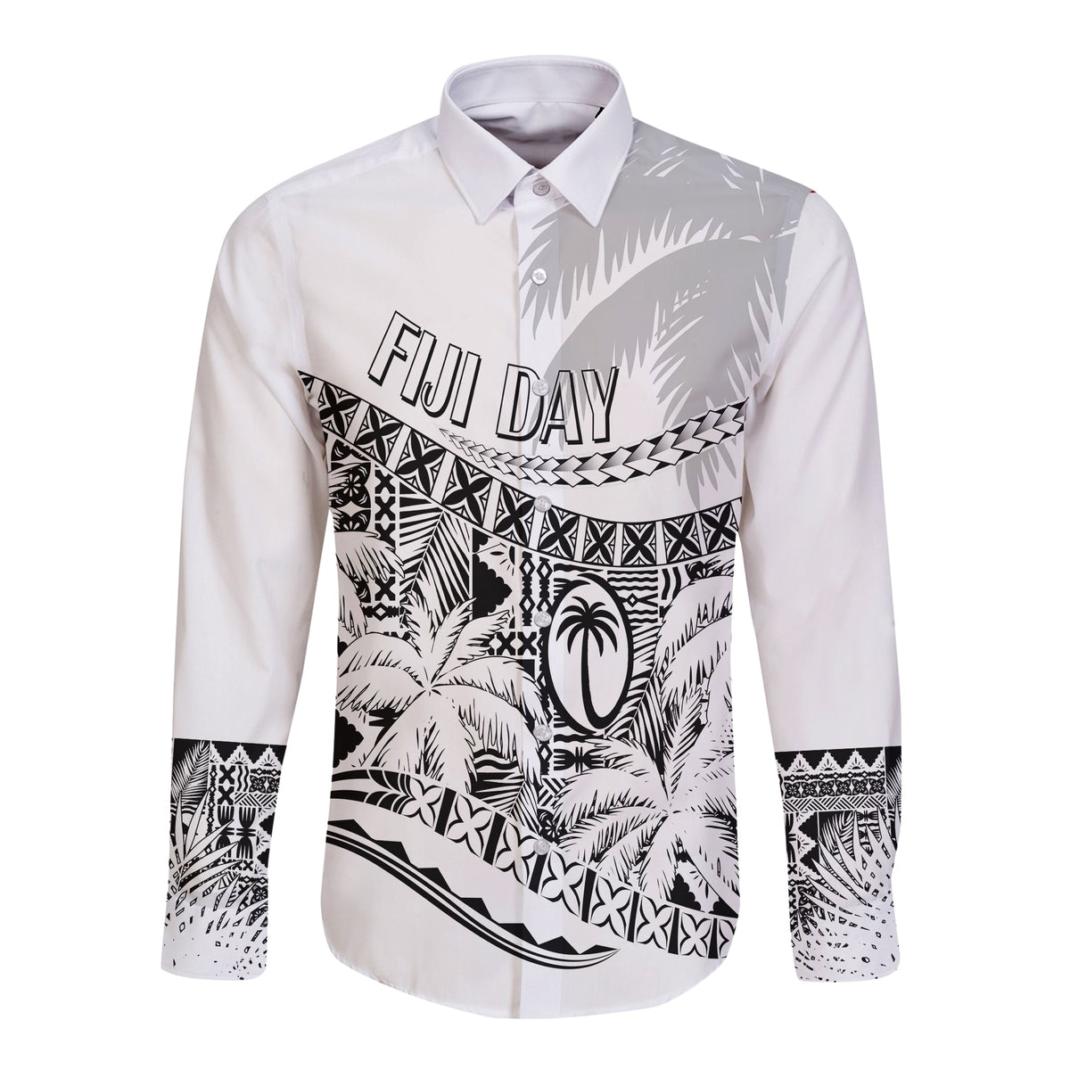 Personalised Fiji Day Long Sleeves Button Shirt Flying Fijians Masi Kesa Style - White - Wonder Print Shop
