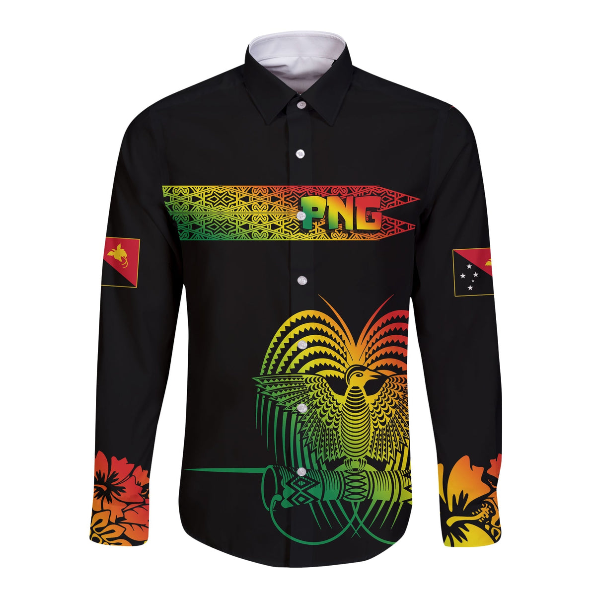 PNG Hibiscus Tribal Pattern Long Sleeves Button Shirt Motuan Reggae Color - Wonder Print Shop