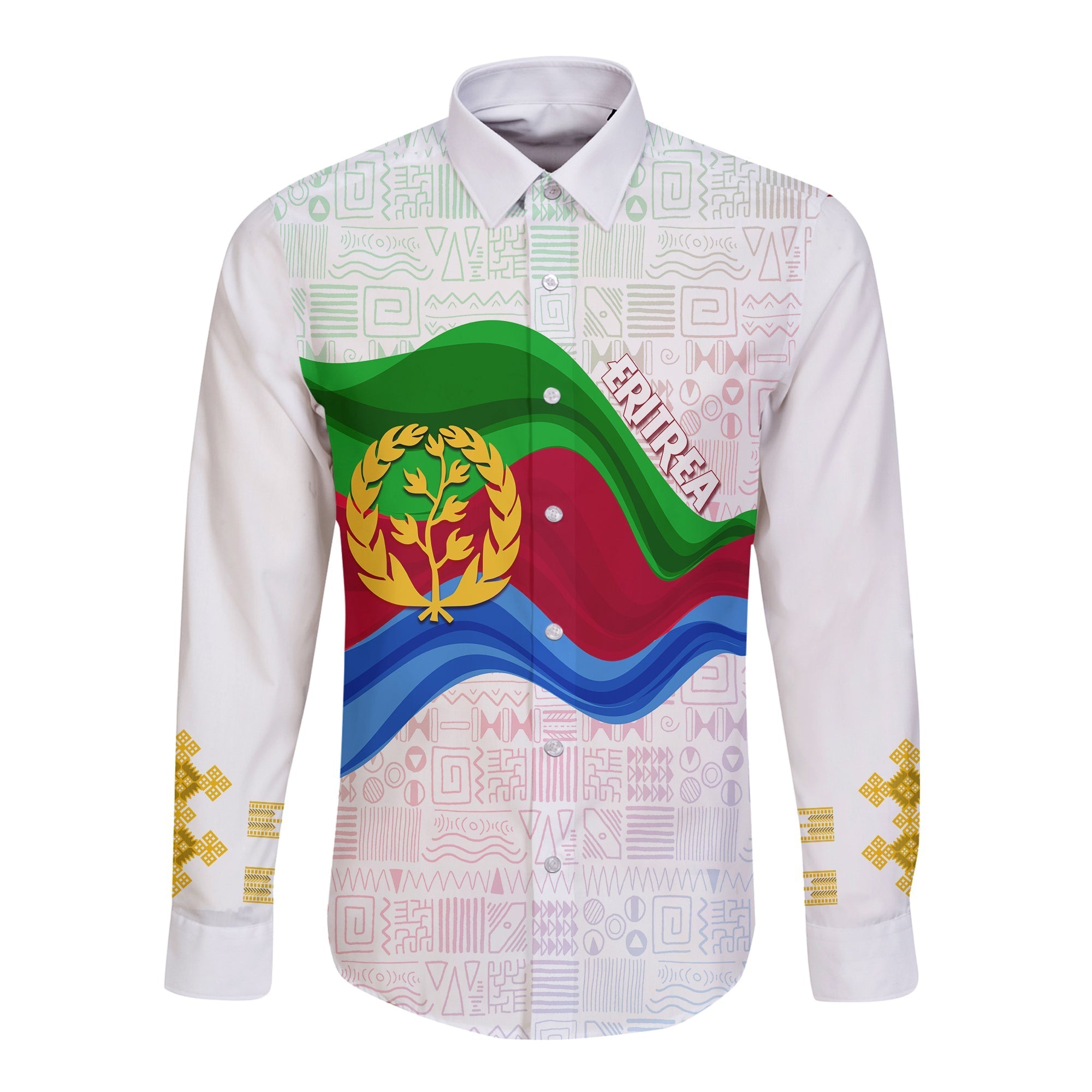 Eritrea Independence Day Long Sleeves Button Shirt Ethnic African Pattern - White - Wonder Print Shop