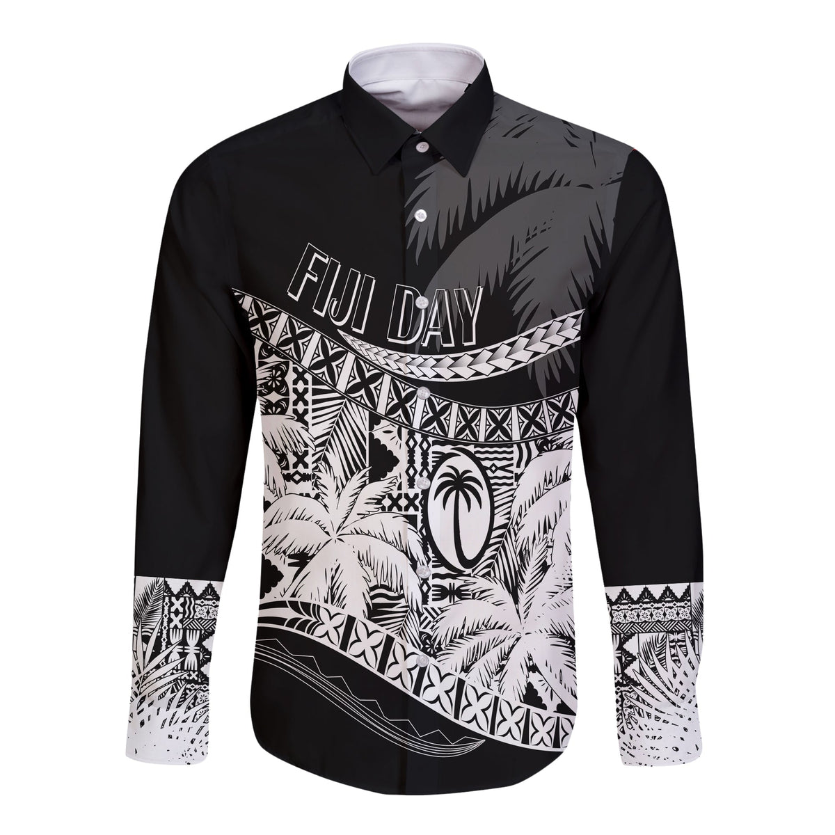 Personalised Fiji Day Long Sleeves Button Shirt Flying Fijians Masi Kesa Style - Black - Wonder Print Shop
