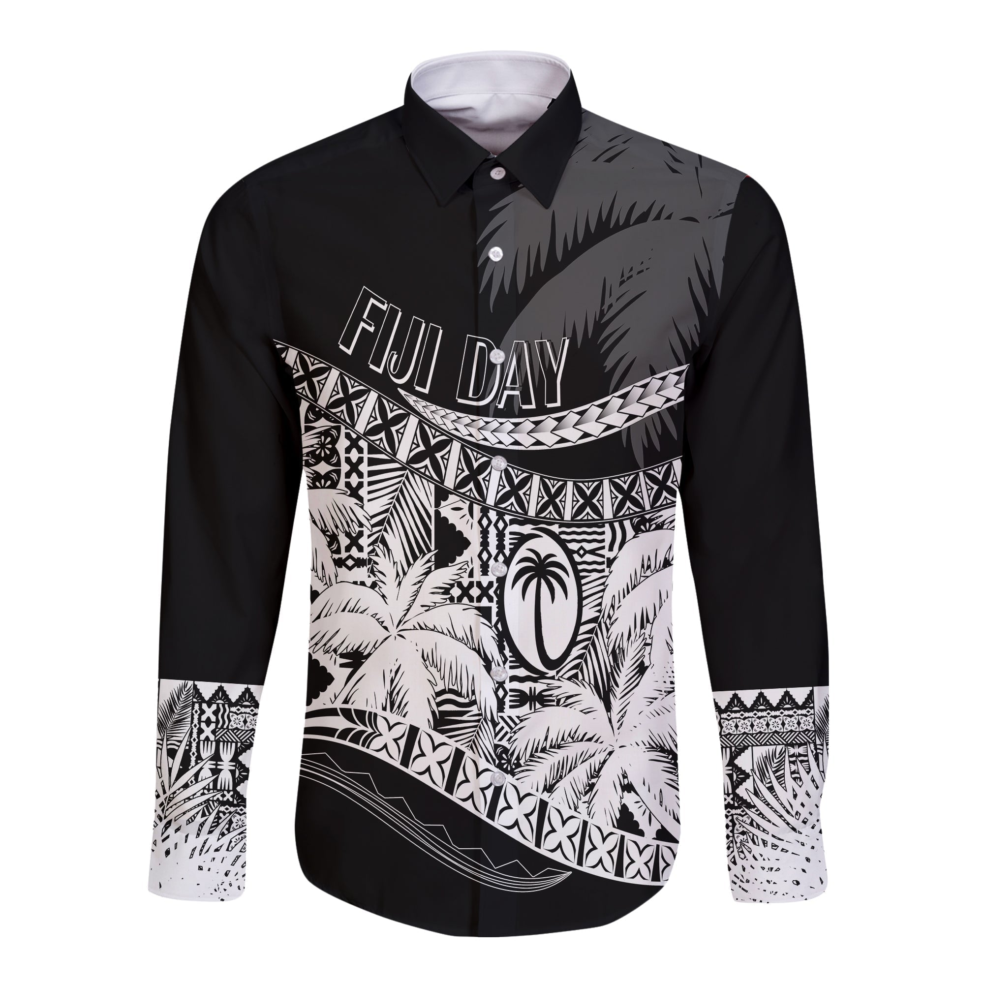 Personalised Fiji Day Long Sleeves Button Shirt Flying Fijians Masi Kesa Style - Black - Wonder Print Shop