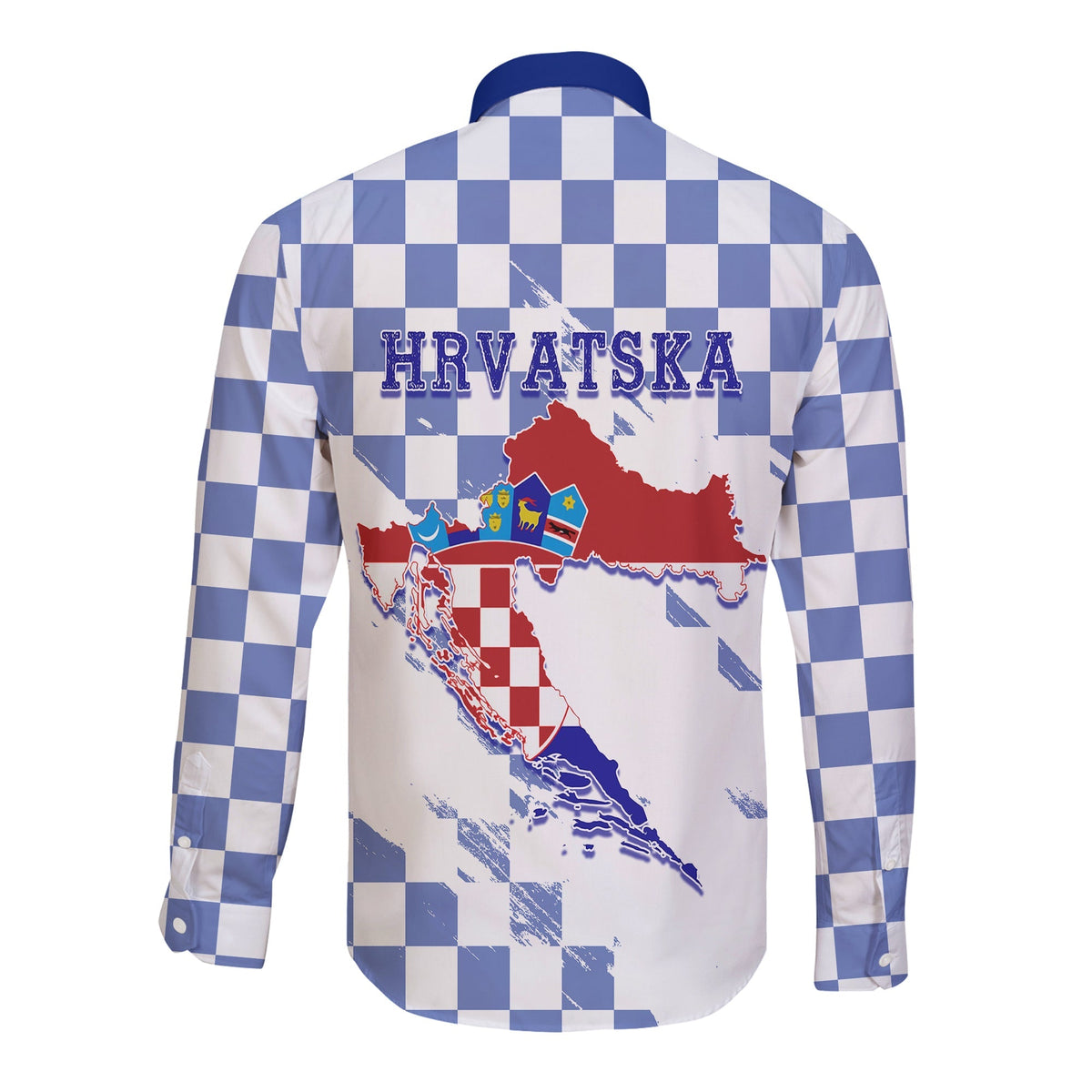 Croatia Long Sleeves Button Shirt Checkerboard Grunge Style - Blue Color - Wonder Print Shop