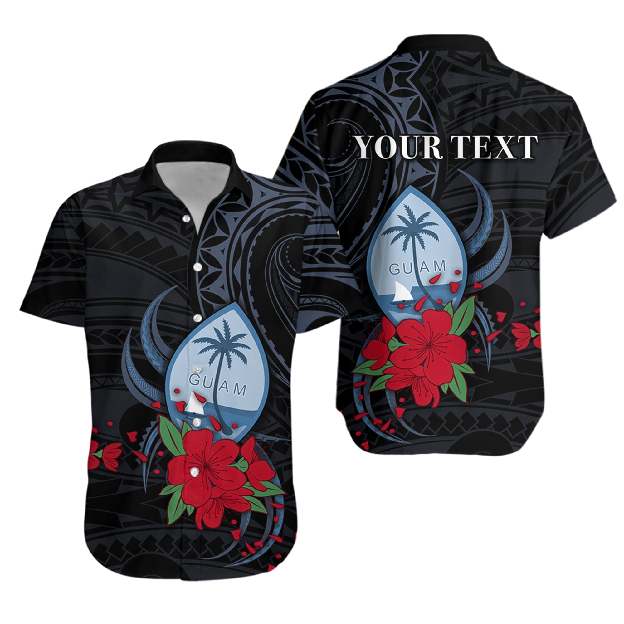 custom-personalised-guam-hawaiian-shirt-polynesian-flowers-version-black