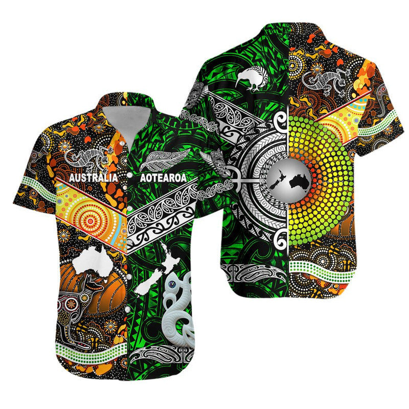 Green short-sleeve shirts with tribal artwork, Australia and Aotearoa text