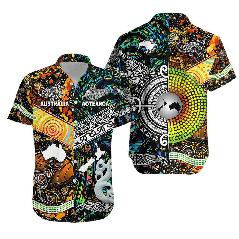 Short-sleeve Hawaiian shirt with black background, Australia/Aotearoa and animal motifs