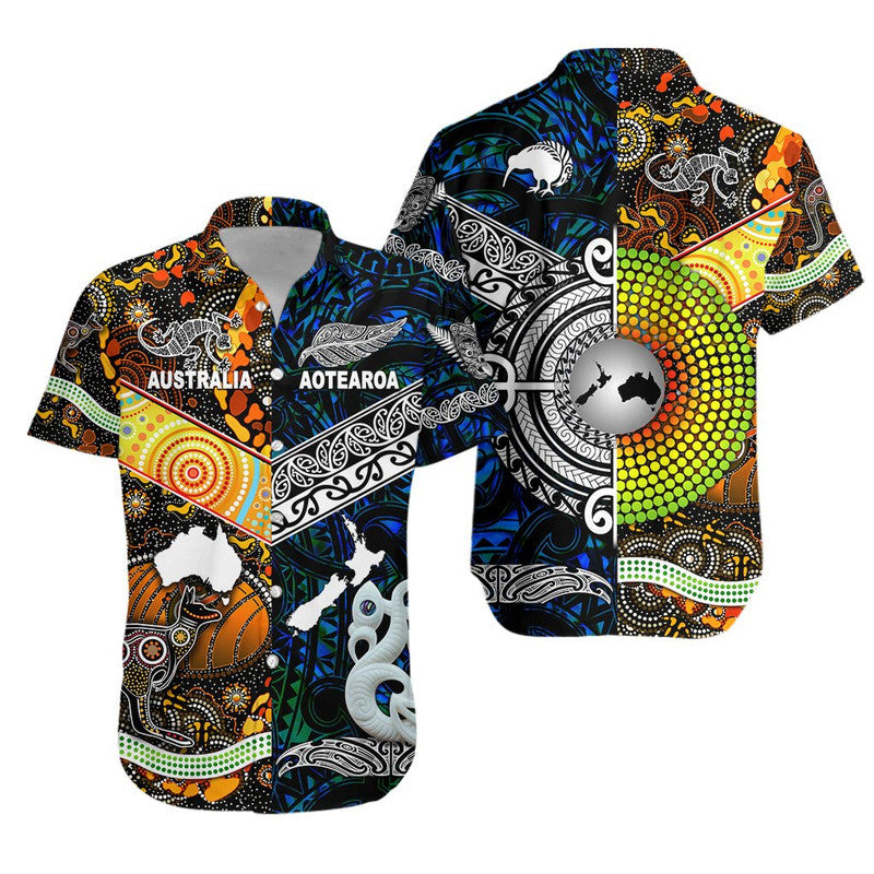 Blue short-sleeve Hawaiian shirt with Aboriginal-inspired motifs and Australia/Aotearoa text