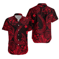 Red and black Hawaiian button-up shirt with fishhook and floral swirl print