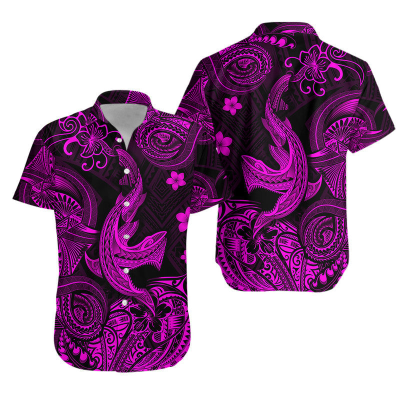 Button-front short-sleeve Hawaiian shirt, black with magenta tropical/tribal motifs