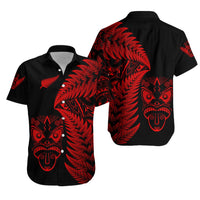 Unisex short-sleeve button-up shirt with black base and red tribal face and leaf graphics