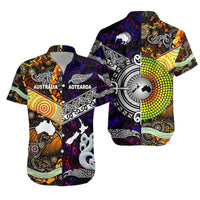 Unisex Hawaiian shirt set, black with colorful tribal artwork, Australia and Aotearoa text