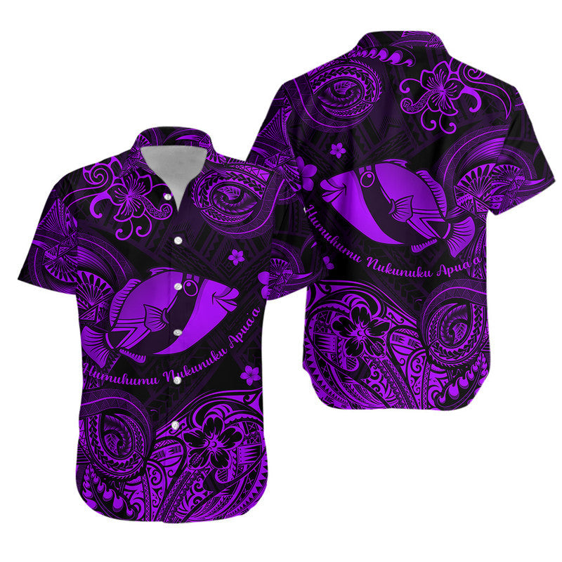 Purple short-sleeve button shirt with Polynesian fish and swirl print