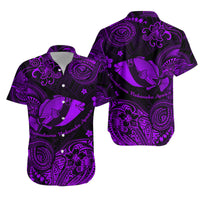Purple short-sleeve button shirt with Polynesian fish and swirl print