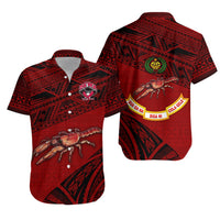 Red Fiji Rewa rugby-style Hawaiian shirt, front buttons and logo crest pattern