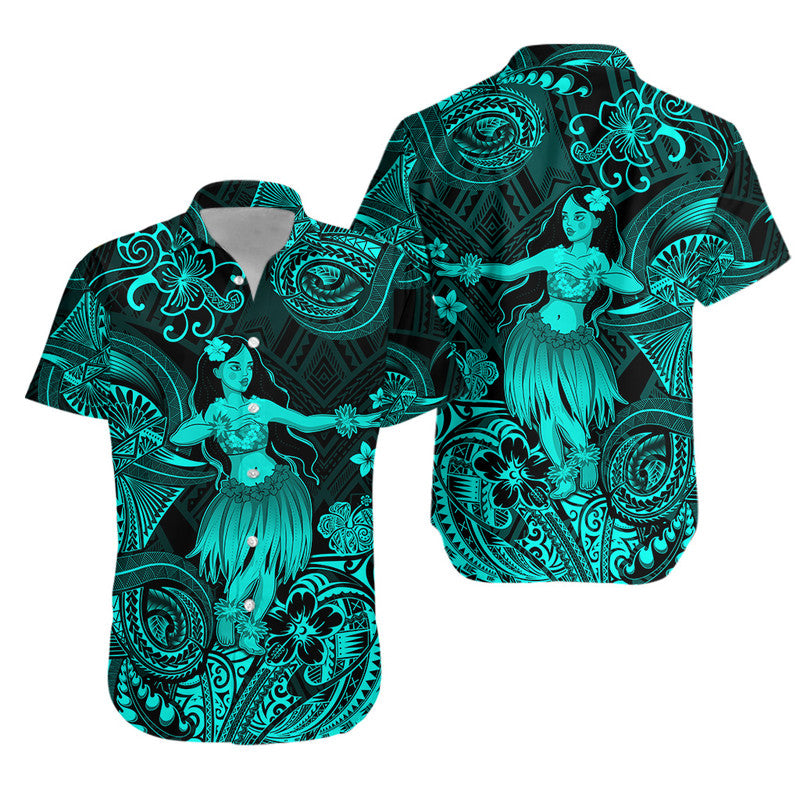 Turquoise short-sleeve Hawaiian shirt with hula dancer and tiki swirl print on dark