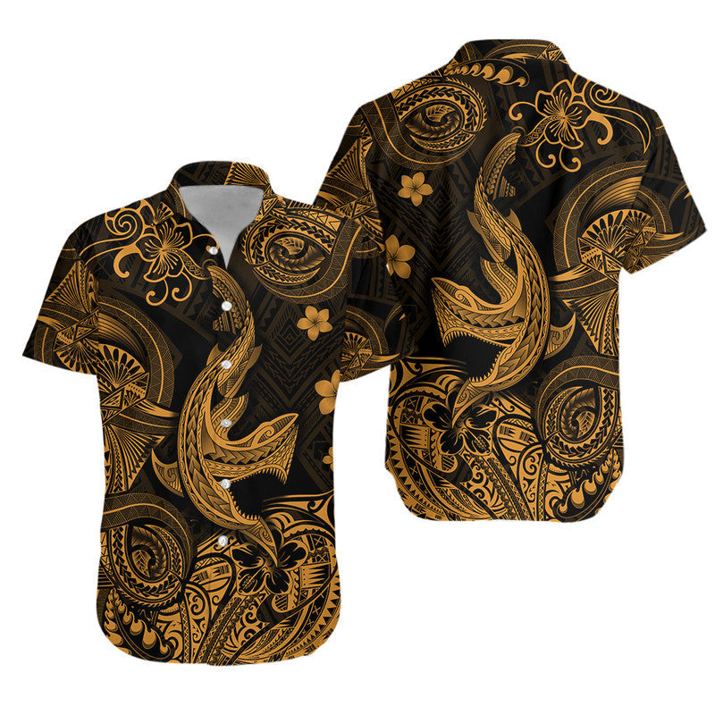 Gold-and-black Hawaiian button-up shirt with floral and tribal scroll print