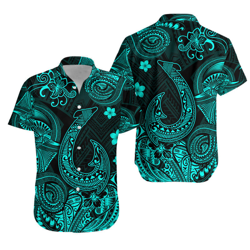 Matching Hawaiian shirt set: front and back black base with turquoise fishhook print