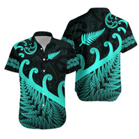 Unisex Hawaiian shirt, turquoise fern and koru print, short-sleeve button-up