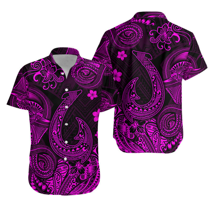 Short-sleeve button-up shirt in black with purple-magenta Polynesian scroll pattern