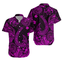 Short-sleeve button-up shirt in black with purple-magenta Polynesian scroll pattern