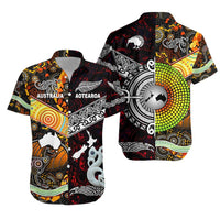 Black Hawaiian shirt with bold Australia and Aotearoa graphic print, short sleeves, button-front