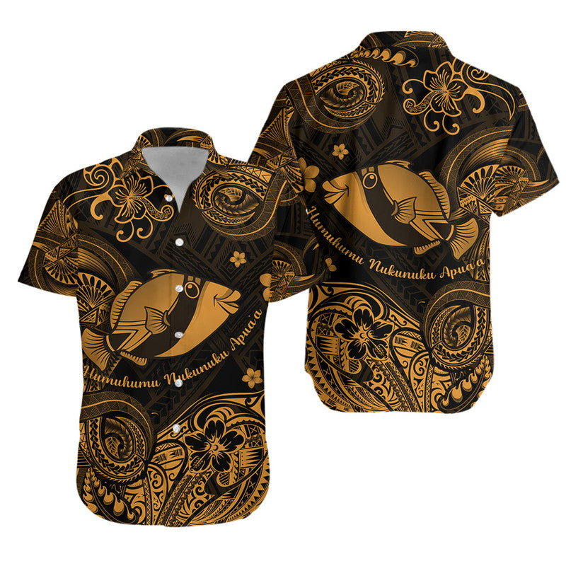 Gold-and-black short-sleeve button shirt with fish, floral, and scroll pattern
