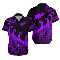 Purple button-up Hawaiian shirt with black fern and tribal-style koru print