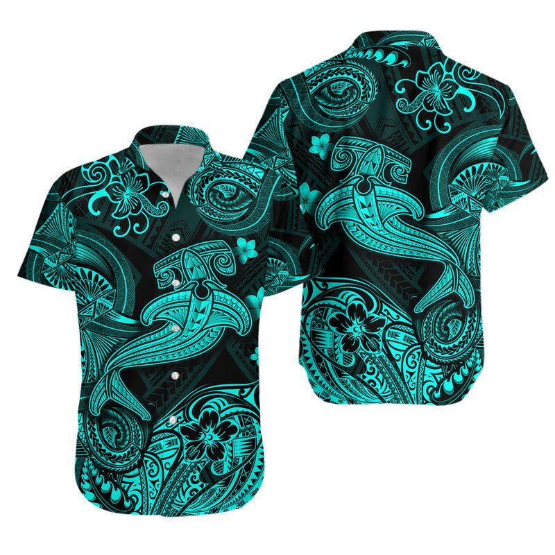 Polynesian Matching Hawaiian Outfits For Couples Hawaii Hammer Shark Matching Hawaiian Shirt And Dress Unique Style - Turquoise LT8 - Wonder Print Shop