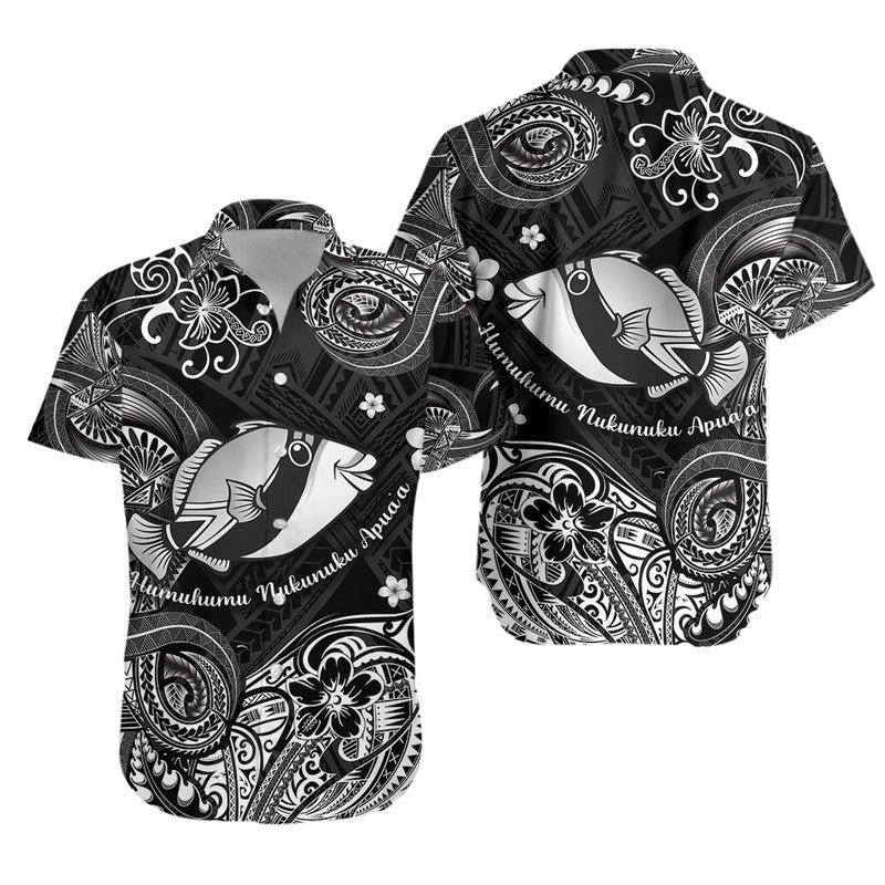 Black short-sleeve button shirt with Polynesian fish and floral swirl graphic