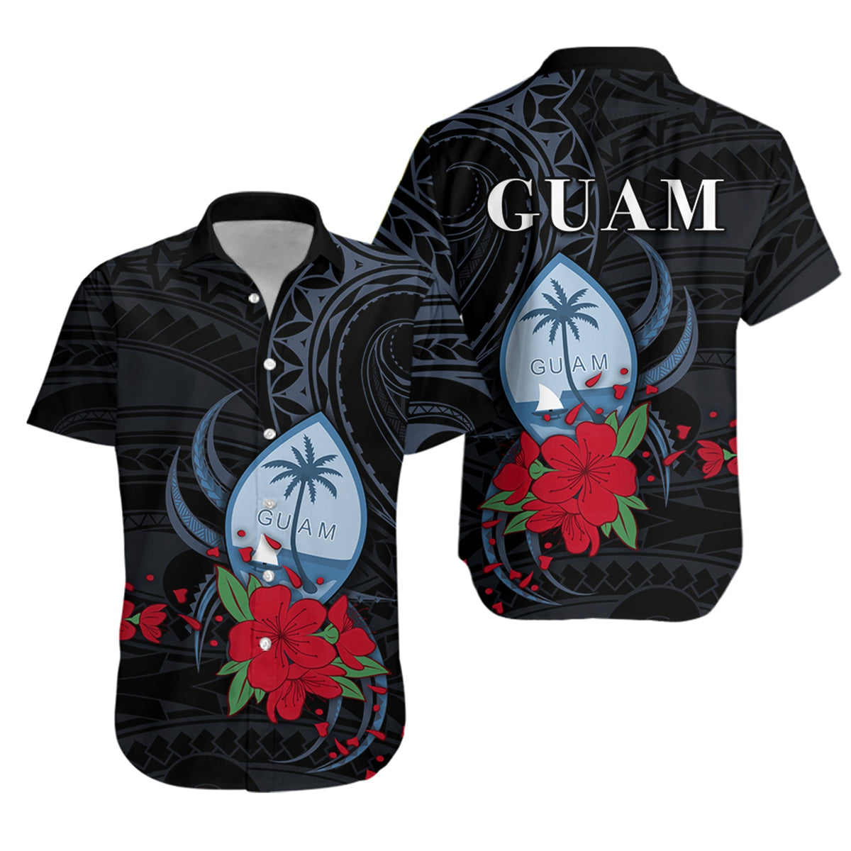 Guam Hawaiian Shirt Polynesian Flowers Version Black LT13 - Wonder Print Shop