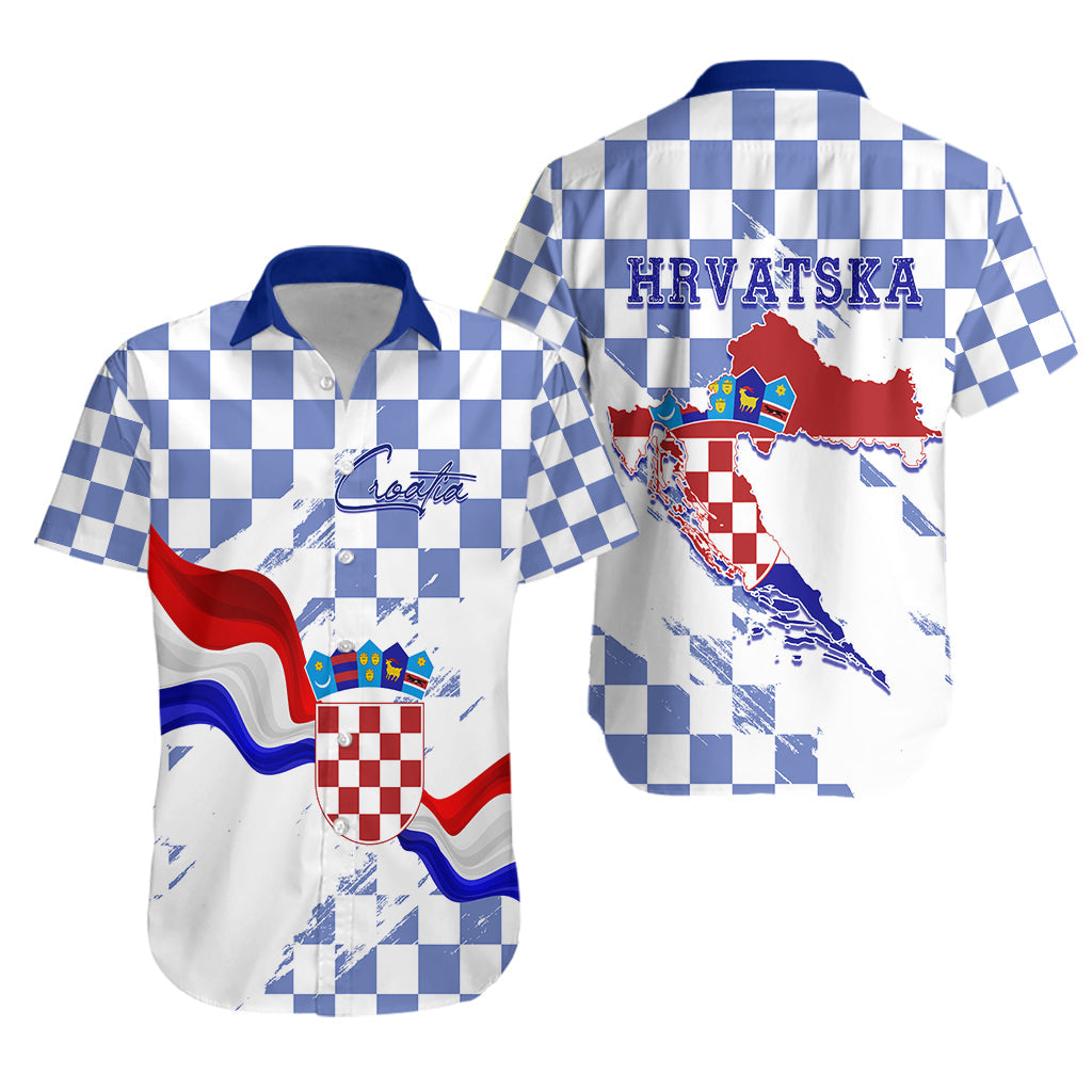 Croatia Hawaiian Shirt Checkerboard Grunge Style - Blue Color - Wonder Print Shop